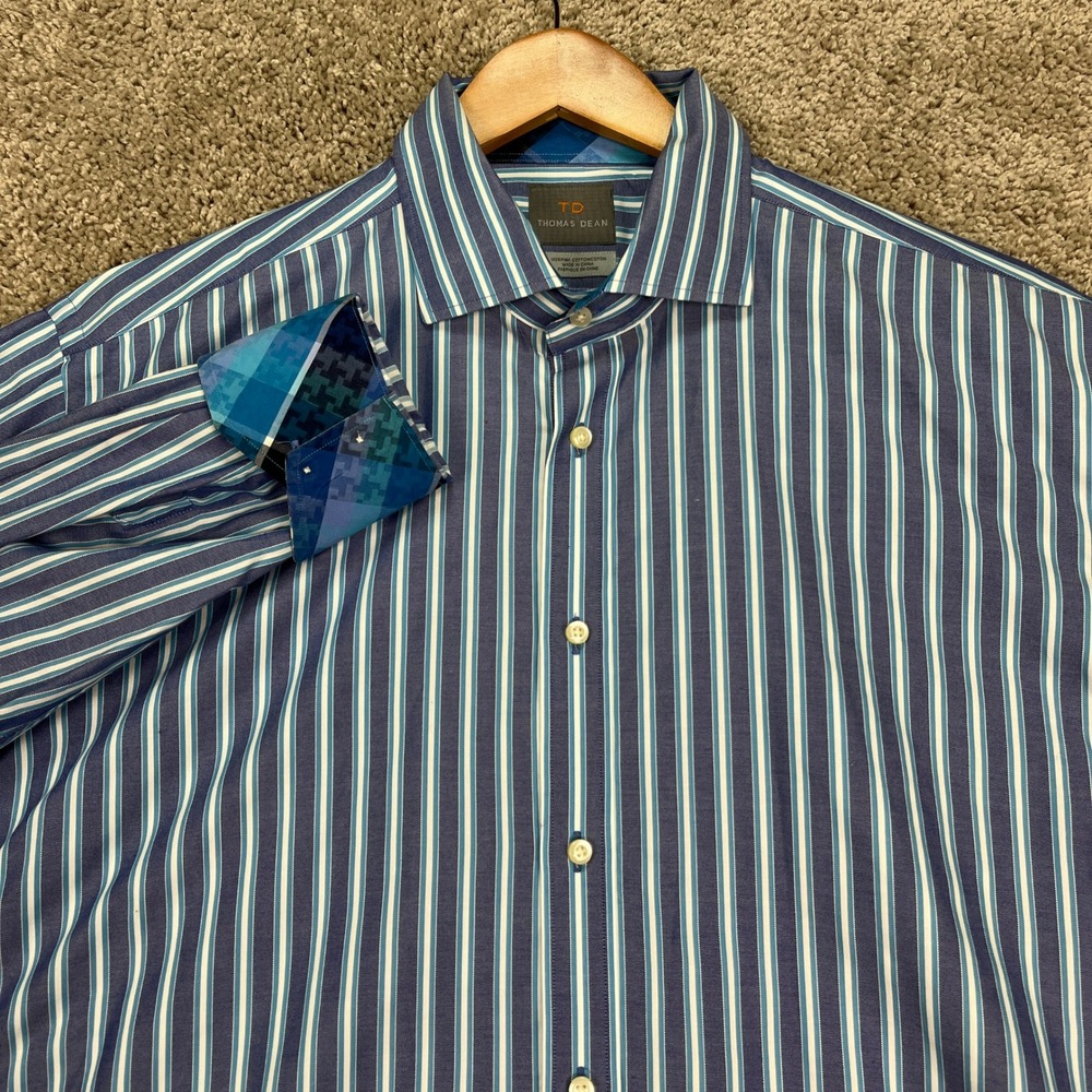 Thomas Dean Button‎ Down Shirt Mens XL Blue White Striped Long Sleeve Flip Cuffs